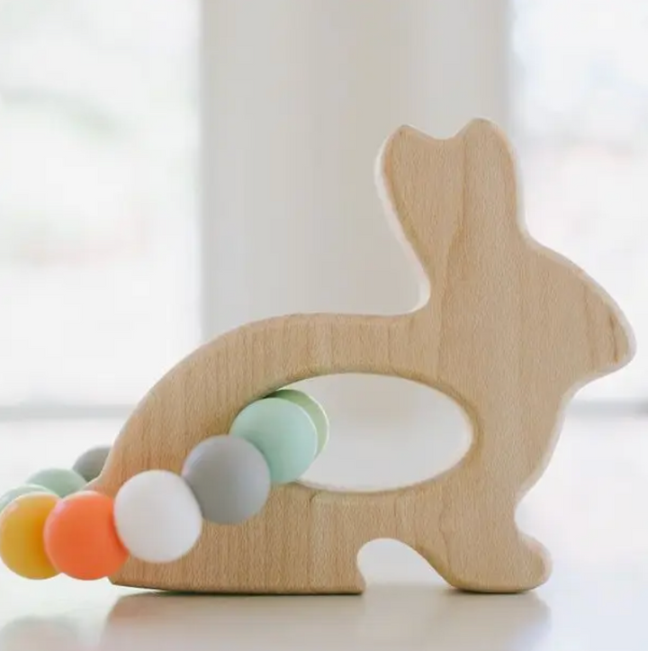 Bunny Grasping Wooden Baby Toy with Teething Beads