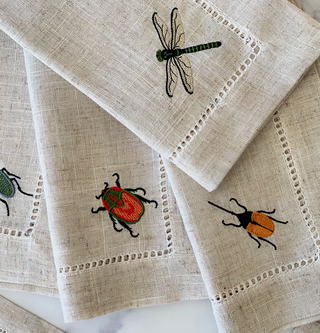 Embroidered Insects Linen Dinner Napkins - 20 inch