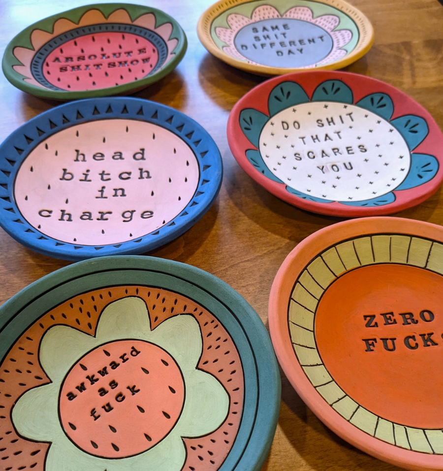 Matte Terracotta Handpainted Fun Worded Ring Dish - Assorted