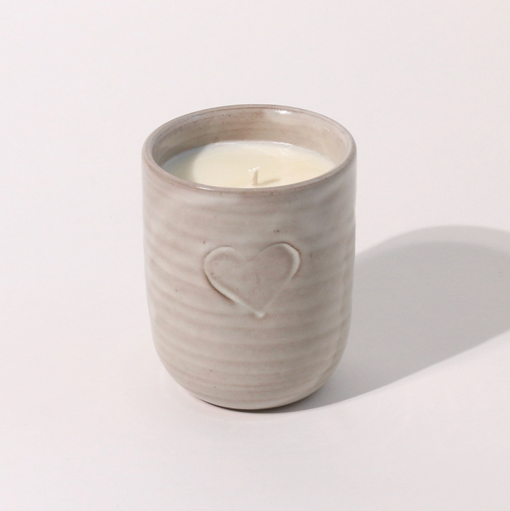 Handpoured Sweater Weather Candle in Laura White Ceramic Heart Vessel