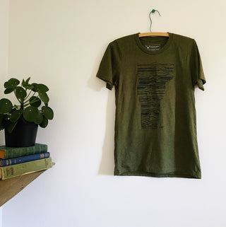 Mountains of Vermont Tee in Heathered Army Green with Black Ink