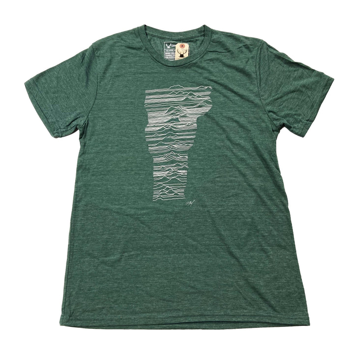 Mountains of Vermont Tee in Tri Pine Green with White Ink