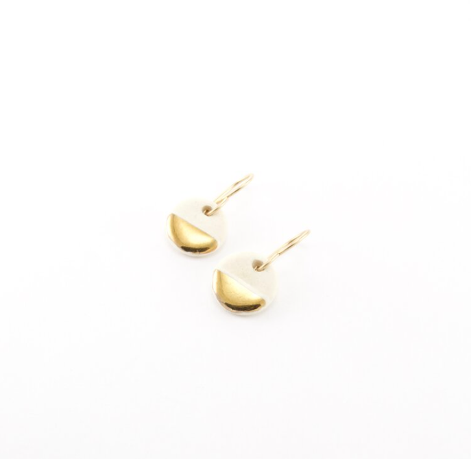 Tiny Porcelain &amp; Gold Pebble Earrings - White/ Gold Half