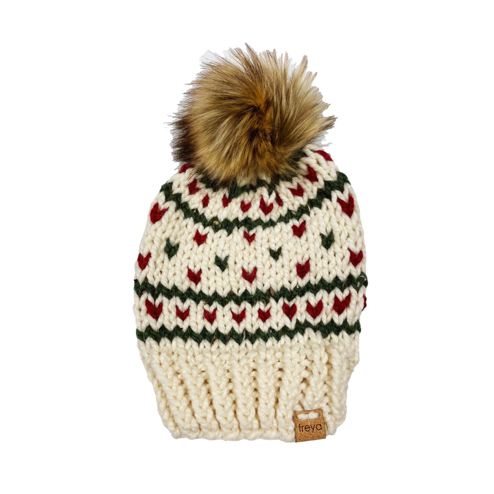 Hand Knit Red &amp; Green Fargo Hat with Faux Fur Pom