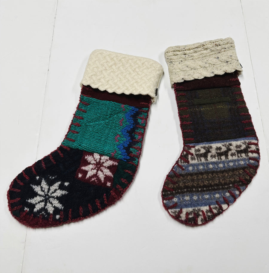 ONE OF A KIND* Upcycled Wool Sweater Christmas Stockings - Purple &amp; Green Earthy Cabin
