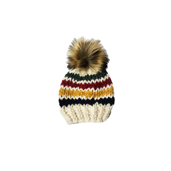 Hand-Knit Hudson Bay Baby Beanie with Faux Fur Pom