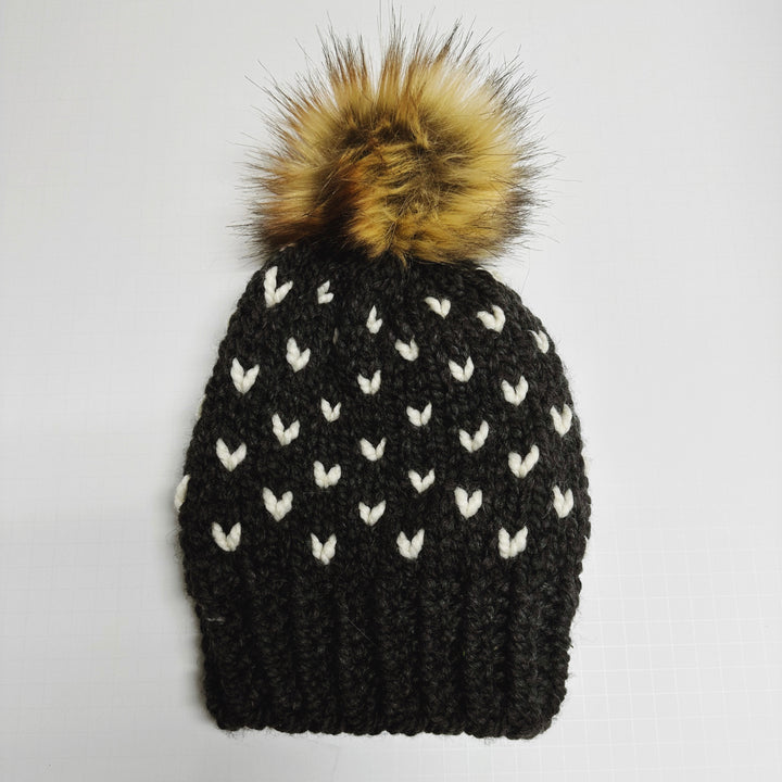 Hand Knit Tiny Hearts Beanie with Faux Fur Pom