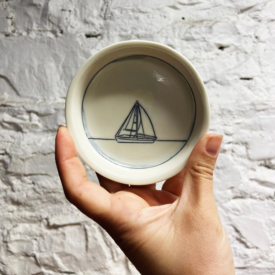Tiny Round Porcelain Dish - Sailboat